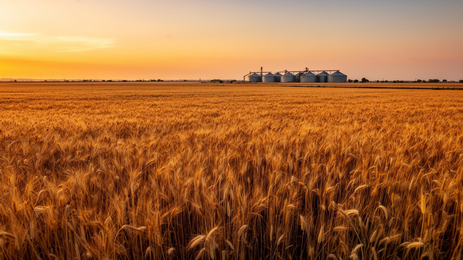 Wheat fields stretching toward grain silos in Punjab